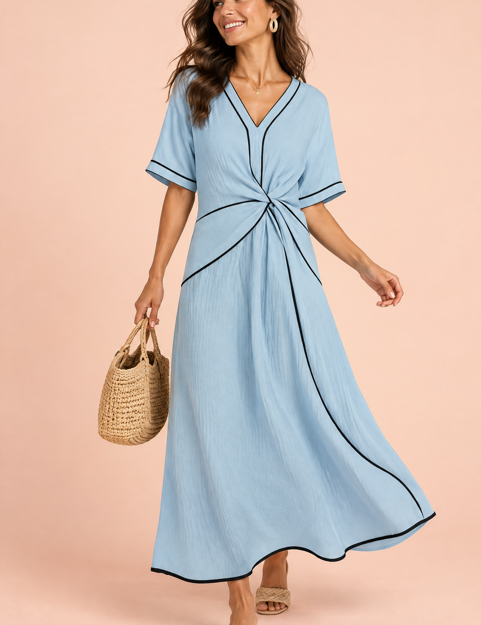 Robe longue bleue à col V et taille nouée | Vue de face | Lounelle Paris