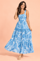 Blauwe maxi-jurk met porseleinprint en vierkante hals