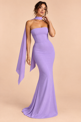 Paarse strapless maxijurk met bandeauhals en fishtailzoom