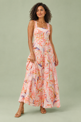 Roze midi-jurk met porseleinprint en vierkante hals