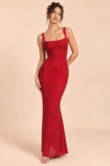 Rode maxi-jurk met hotfix-strass, asymmetrische halslijn en open rug
