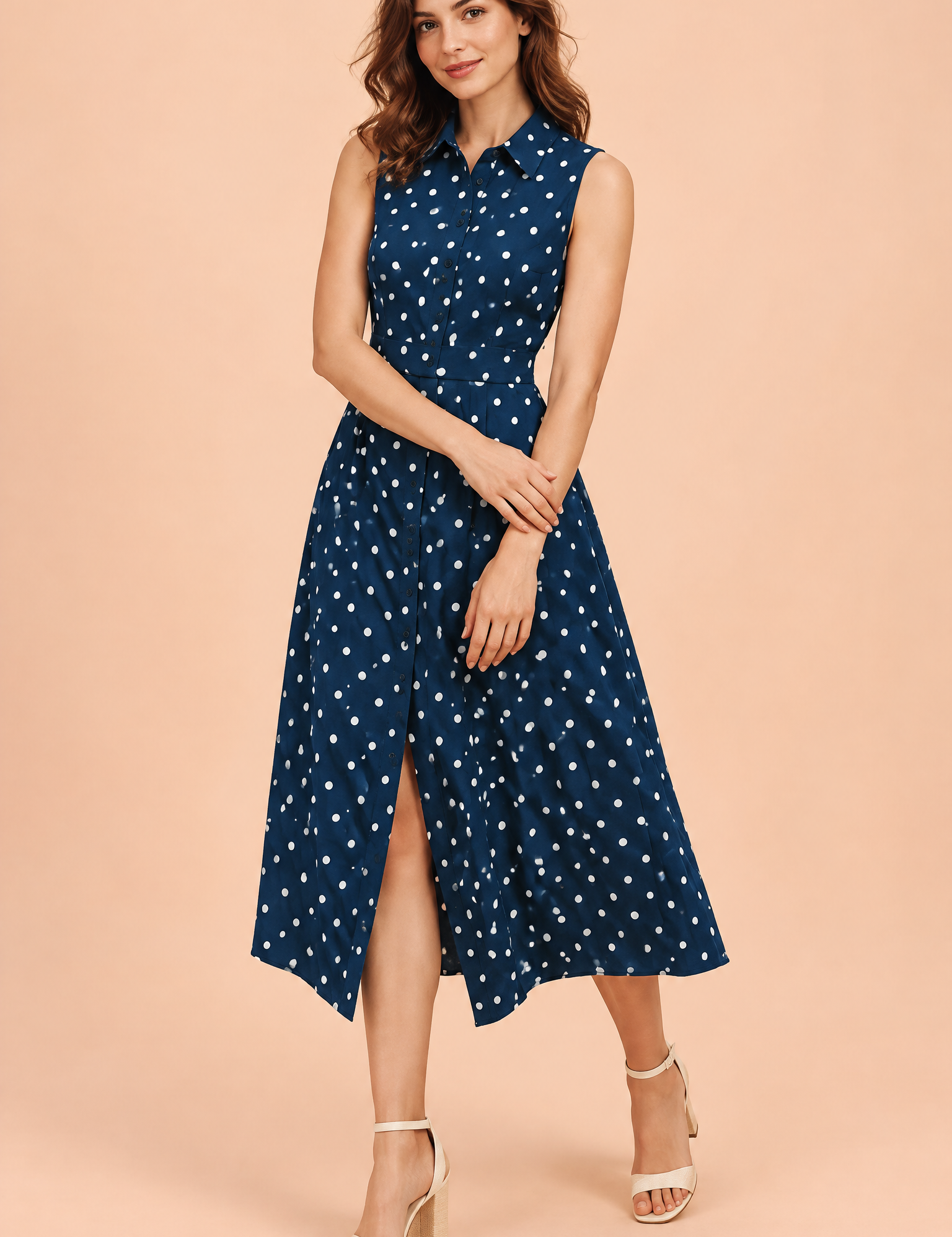 Robe midi bleu marine à pois et dos nu | Vue de face | Lounelle Paris