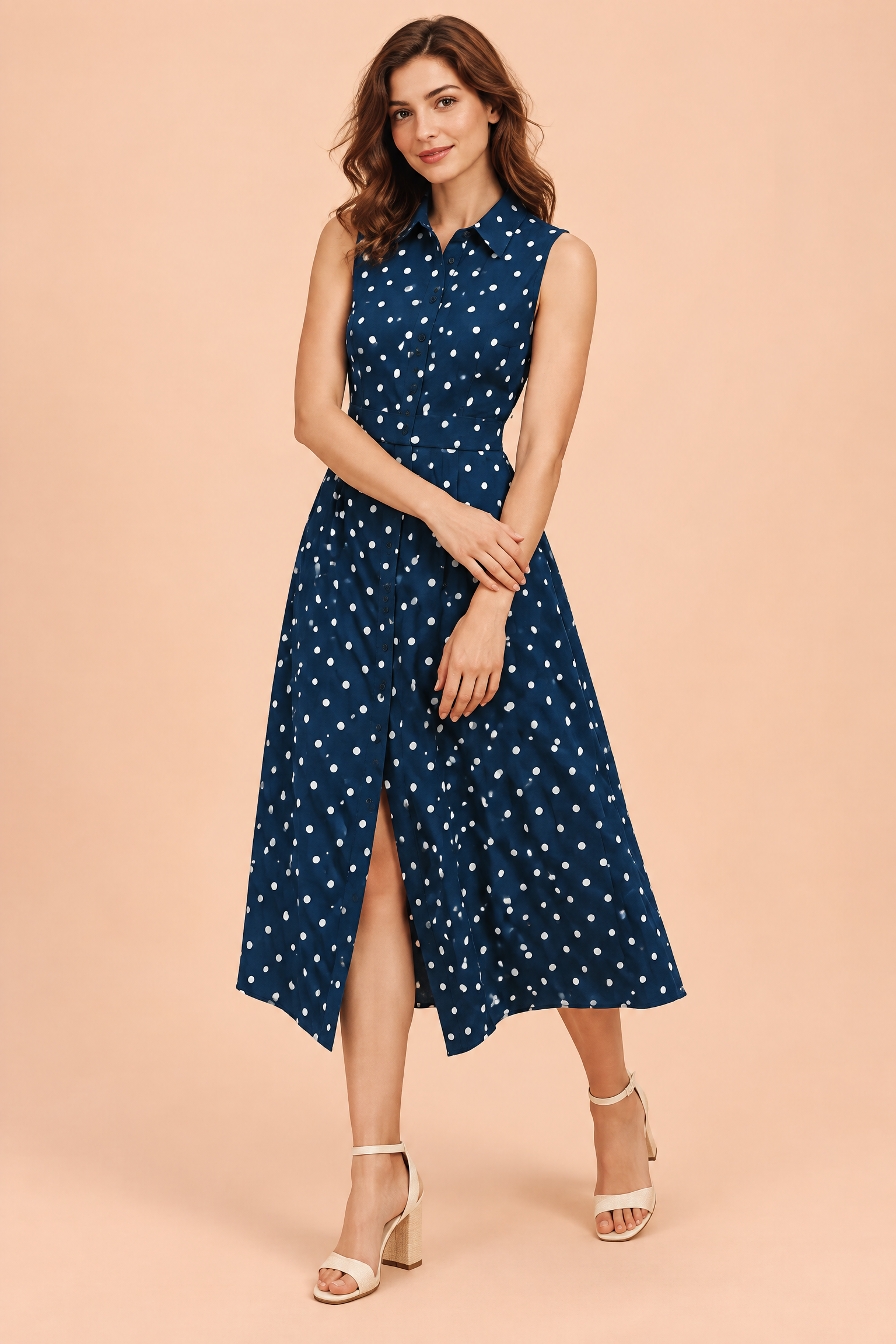 Robe midi bleu marine à pois et dos nu | Vue de face | Lounelle Paris