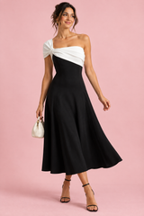 Zwart-witte one-shoulder midi-jurk