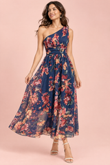 Blauwe maxi-jurk met bloemenprint, one-shoulder en A-lijn