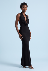 Zwarte rugloze maxi-jurk met watervalhals en fishtail-model