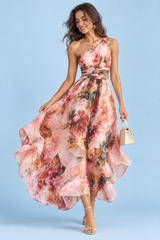 Roze gebloemde asymmetrische maxi-jurk