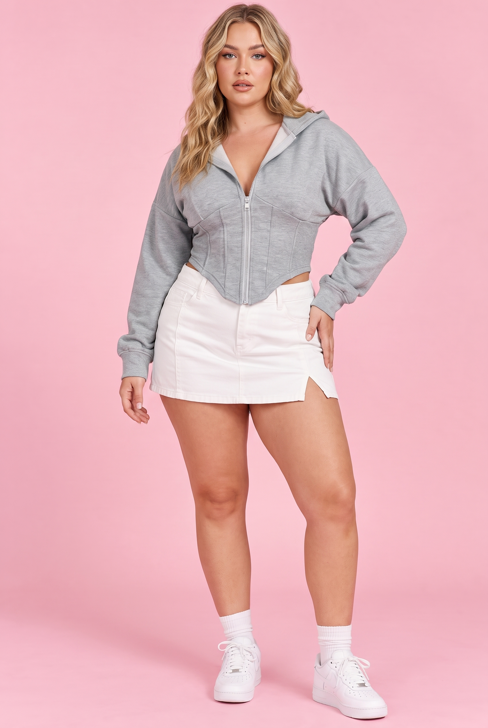 Sweat à capuche gris court zippé | Porté sur une autre silhouette | Lounelle Paris
