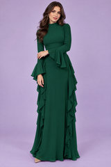Groene maxi-jurk met ruches en klokmouwen