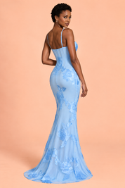 Robe longue bleue à broderies florales | Vue de dos | Lounelle Paris
