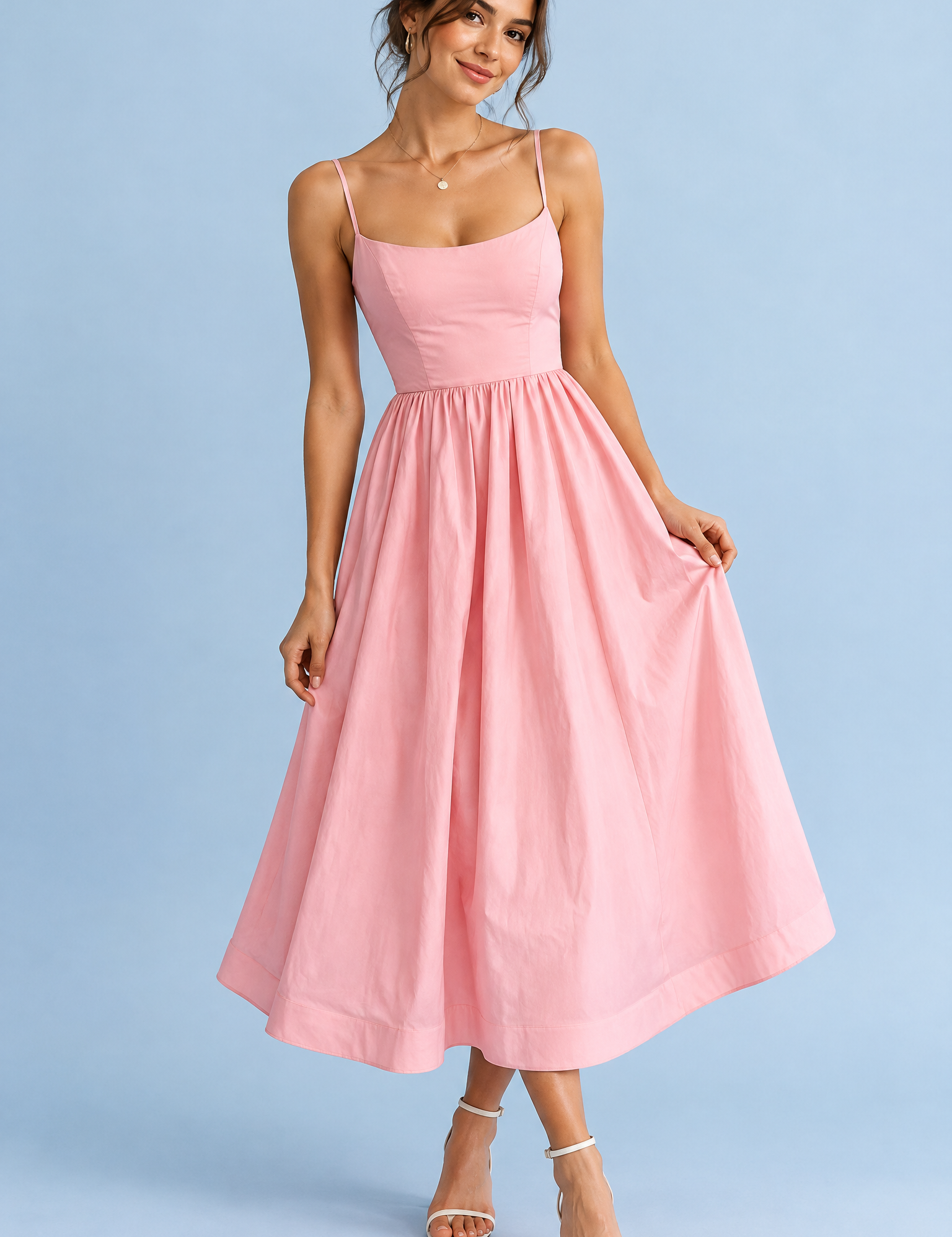 Robe midi rose plissée évasée | Vue de face | Lounelle Paris