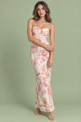 Offwhite midi-jurk met bloemenprint, gedraaid detail en asymmetrische snit