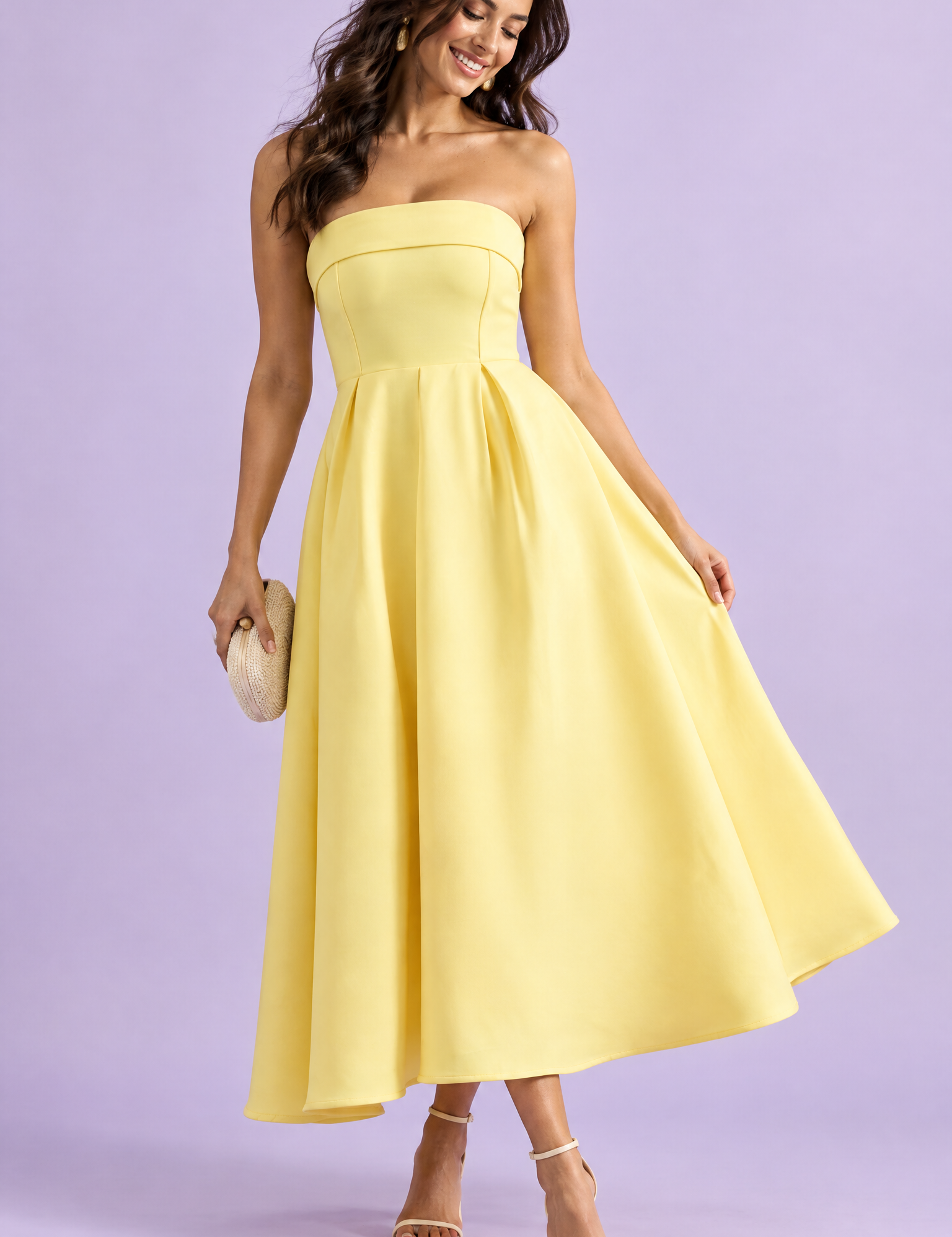 Robe midi patineuse bustier jaune | Vue de face | Lounelle Paris