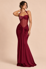 Bordeauxrode gerimpelde halter maxi-jurk