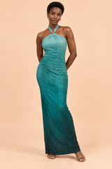 Turquoise ombré maxi-jurk met halterhals en rimpeldetails