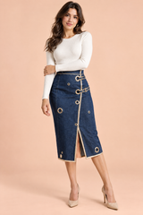 Blauwe kokerrok met hoge taille en midilengte