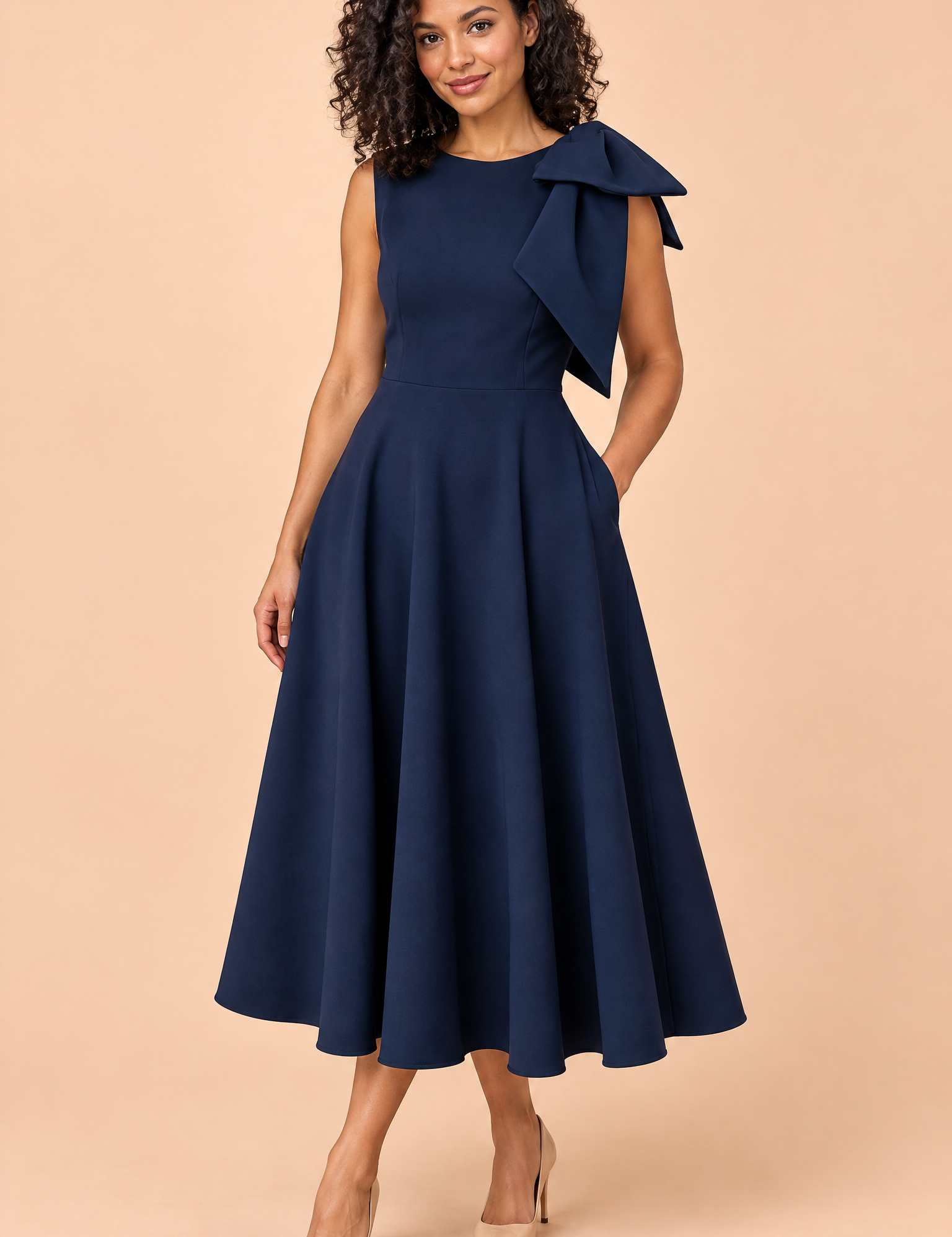 Robe midi bleu marine à encolure asymétrique et manche à nœud | Vue de face | Lounelle Paris