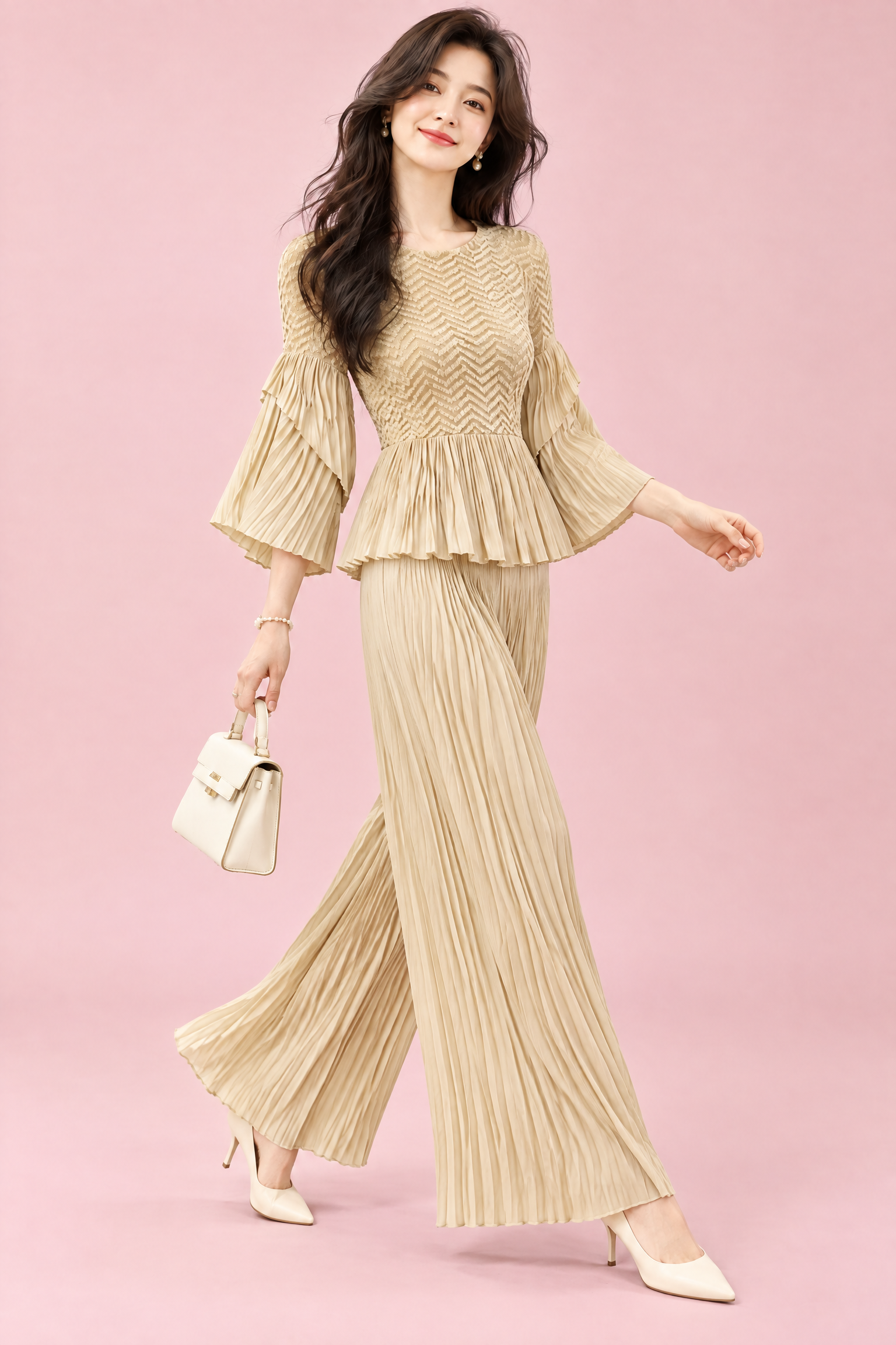 Ensemble plissé beige avec pantalon large | Vue en mouvement | Lounelle Paris