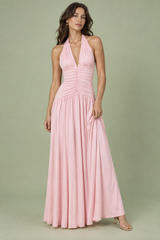 Roze maxijurk met diepe V-hals en plooidetails