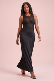 Robe bustier noire à empiècements en résille | Vue en mouvement | Lounelle Paris