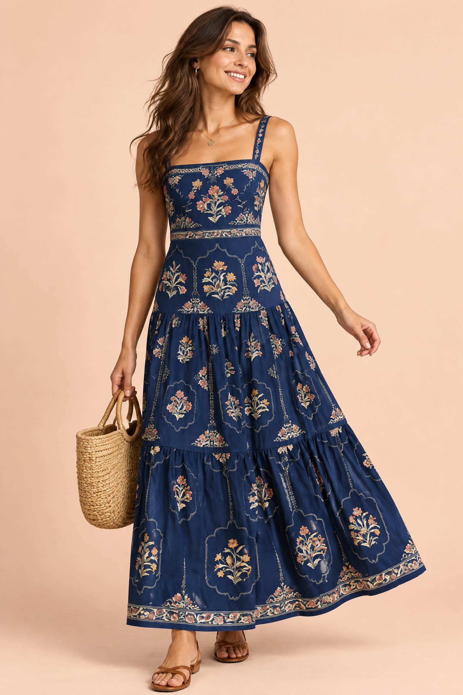Robe longue bleu marine fleurie à volants | Vue de face | Lounelle Paris