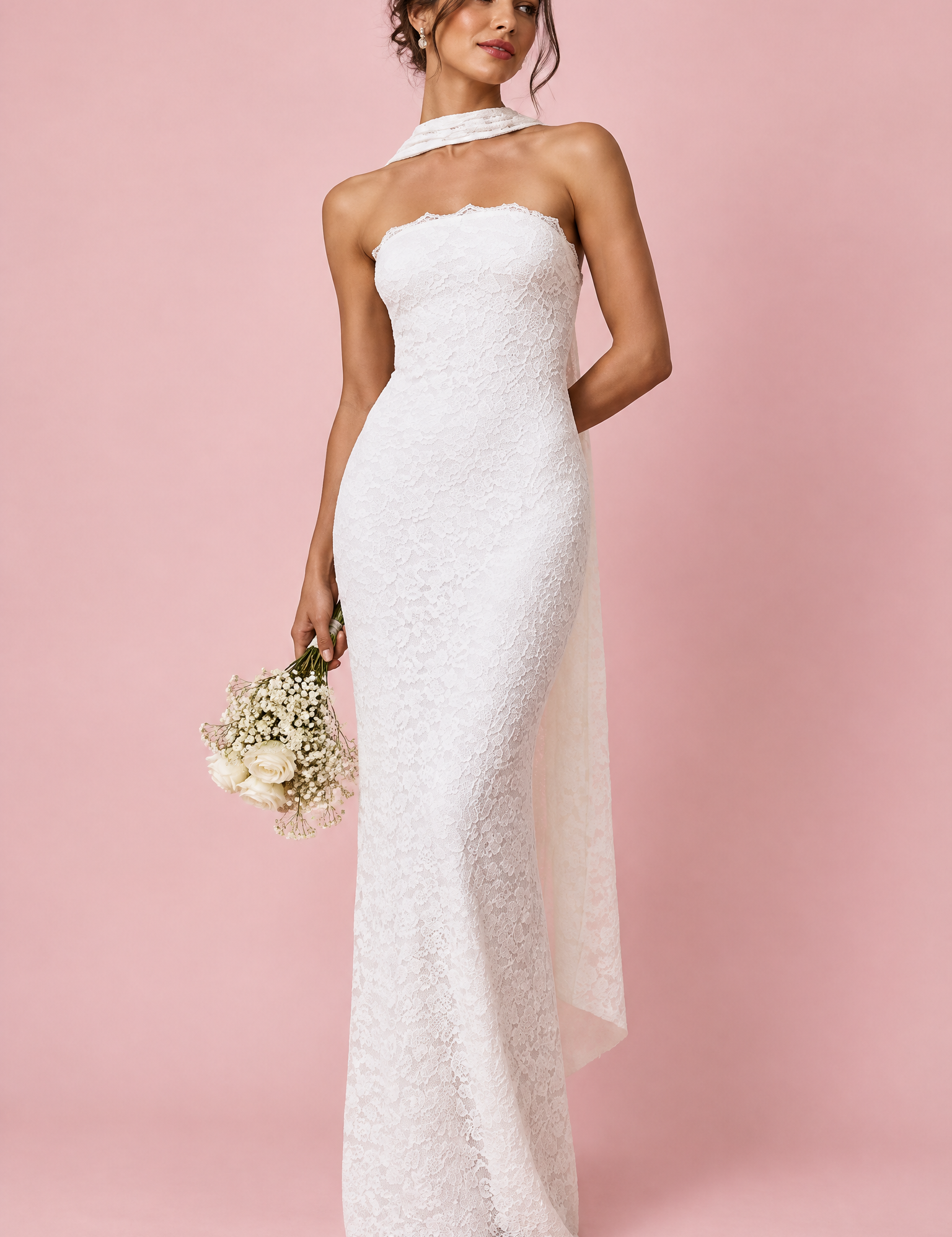 Robe longue moulante blanche en dentelle, bustier avec détail foulard | Vue de face | Lounelle Paris