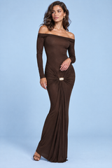 Donkerbruine asymmetrische maxi-jurk met drapering en rimpeldetail