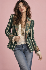 Groene getailleerde blazer met bloemen- en streepdessin