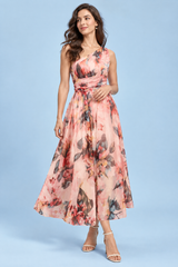 Roze maxi-jurk met bloemenprint, one-shoulder en A-lijn