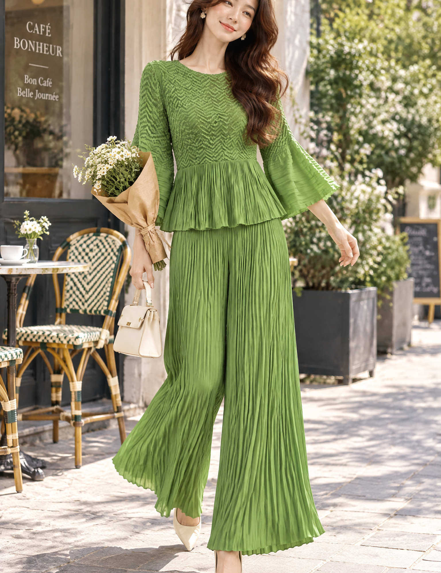 Ensemble plissé vert avec pantalon large | Photo lifestyle | Lounelle Paris