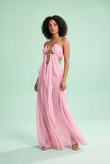 Roze halter maxi-jurk met uitsnijding en mesh