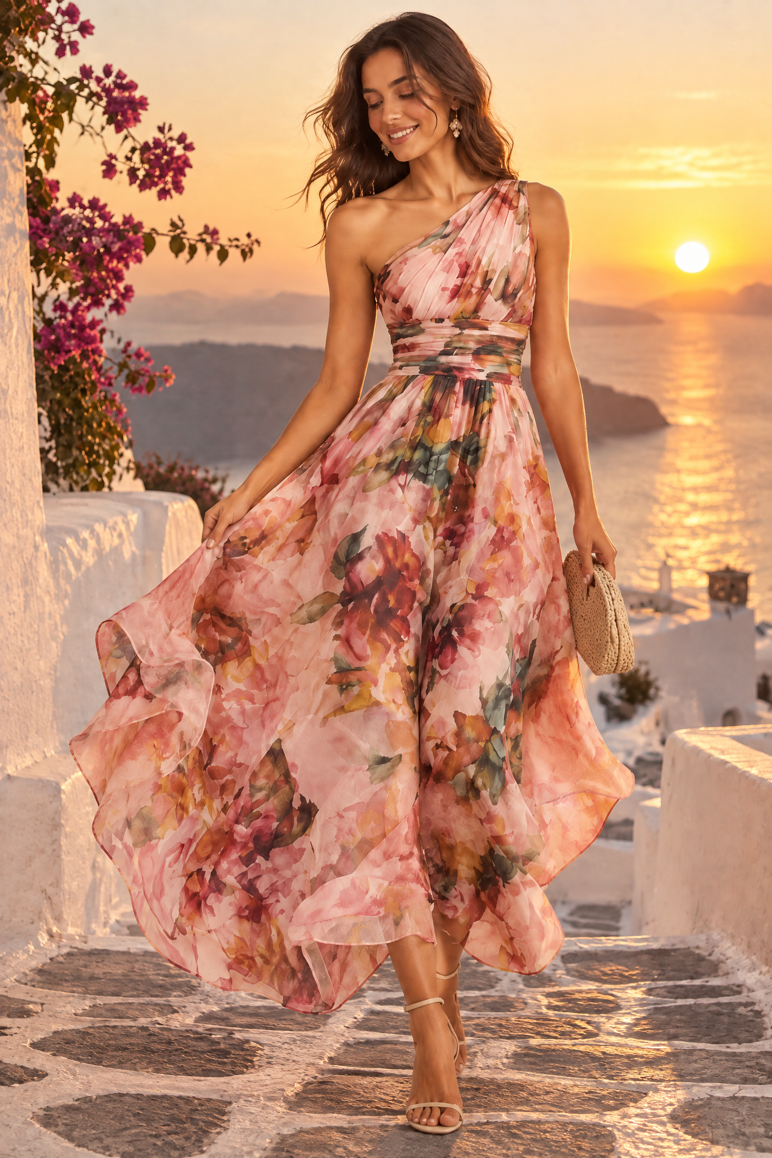 Robe rose fleurie à une épaule | Deuxième photo lifestyle | Lounelle Paris