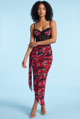 Maxi-jurk met luipaardprint, mesh, V-hals en hoge split aan de voorkant — rood
