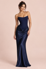 Donkerblauwe strapless maxi-jurk met corsetlook