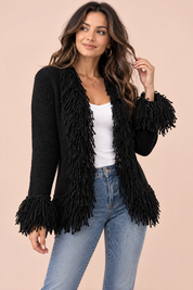 Gilet noir à franges | Vue de face | Lounelle Paris
