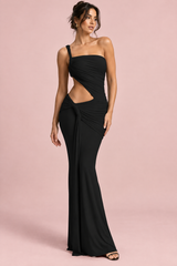 Asymmetrische zwarte jurk met cut-out