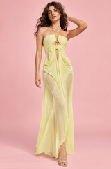 Gele asymmetrische maxi-jurk met cut-out