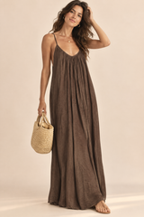 Soepelvallende maxi-jurk met open rug – bruin