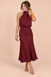 Robe midi trapèze bordeaux à col foulard | Vue de face | Lounelle Paris