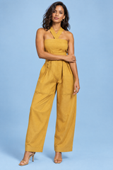 Jumpsuit met halternek en wijde pijpen in zonnebloemgeel