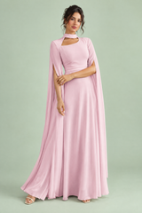 Roze maxi-jurk met vierkante hals en cape-mouwen