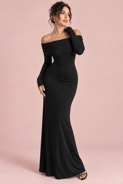 Robe longue noire asymétrique à fronces et drapé | Vue de face | Lounelle Paris