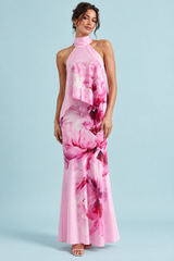 Roze asymmetrische maxi-jurk met bloemen