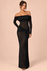 Zwarte kanten maxi-jurk met off-shoulder halslijn, plooidetail en sjerp