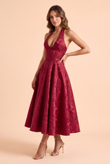 Jacquard midi-jurk met halternek – bordeaux