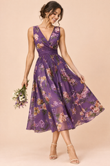 Paarse midi-jurk met bloemenboeketprint en vierkante hals