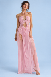 Robe longue rose asymétrique à découpes | Vue de face | Lounelle Paris