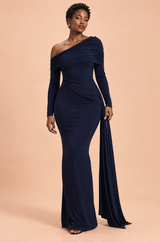 Marineblauwe asymmetrische maxi-jurk met één schouder en drapering