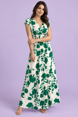 Groene maxi-jurk met bloemenprint en gesmockte taille