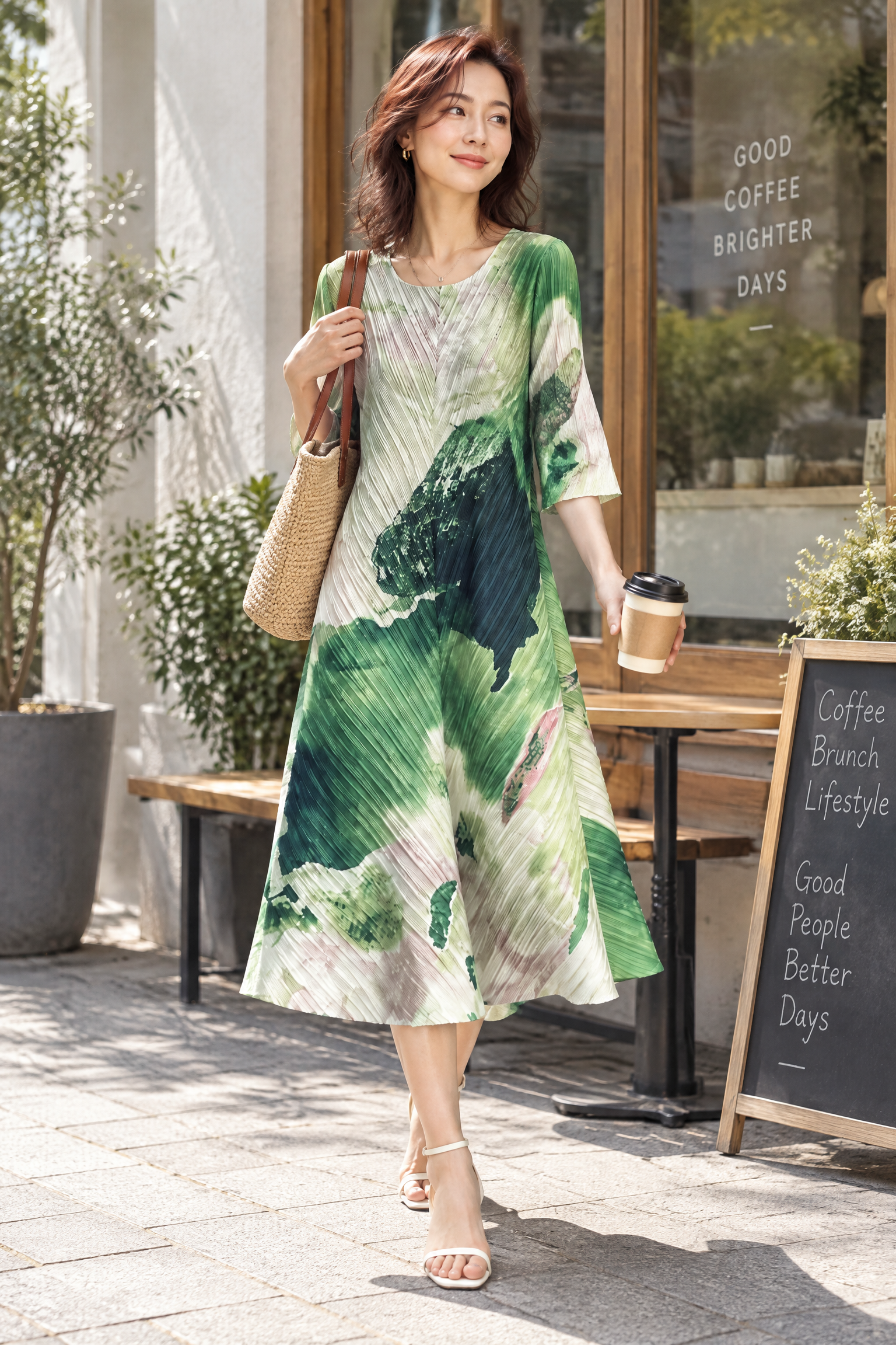 Robe midi plissée verte à imprimé abstrait | Photo lifestyle | Lounelle Paris